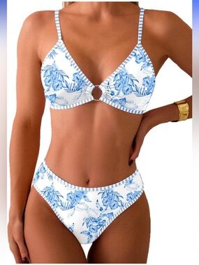 Women's Triangle Bikini Sets O Ring Linked Two Piece Floral Printed Cheeky nwt